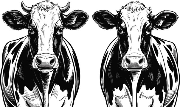 Two black and white cows facing forward in an artistic illustration