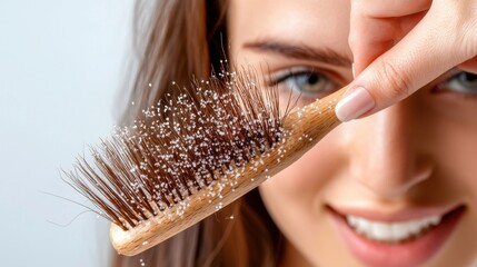 Close-up of a hand gently brushing through hair, revealing an abundance of large, visible dandruff flakes on the scalp.