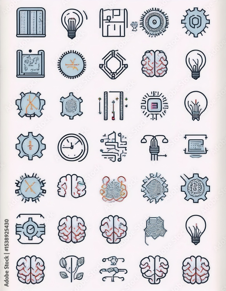 Aufkleber vector illustration of technology and brain icons on a soft cream background, abstract digital art a