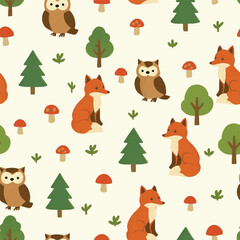 Whimsical Woodland Fox, Owl, mushroom and Trees Seamless Pattern. Vector illustration. 