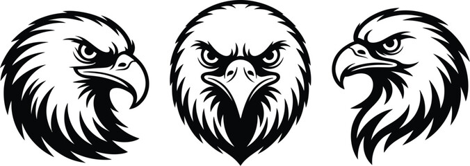 Obraz premium Three eagle head illustrations in black and white on a white background