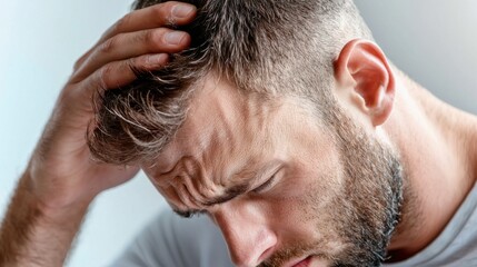 A distraught man holding his head in his hands, expressing visible signs of discomfort, stress, or mental anguish.