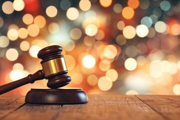A judge's gavel rests on a wooden surface against a bokeh backdrop of warm-toned lights