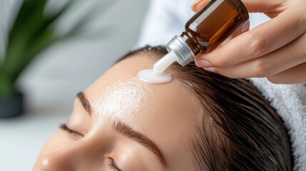 Close-up of a person's hands carefully applying an anti-dandruff serum to their scalp, aimed at treating inflammation and dryness for healthier hair and skin.