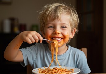 Portrait of boy eating Spaghetti