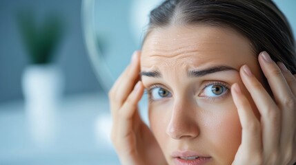 Close-up of a person closely inspecting their flaky, reddened scalp in the reflection of a mirror, as part of self-care and personal health evaluation.