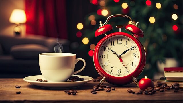 A vibrant red alarm clock displaying 10:10 sits on a white table next to a pink coffee cup on a saucer