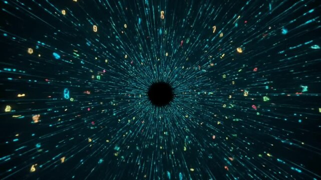 Flying numeric data particles in hyperspace tunnel effect with speed lines seamless looping 4k time-lapse animation video background