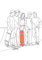 Group of young skaters standing together at skatepark with skateboards  
