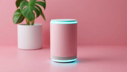 Fototapeta premium Pink Smart Speaker on Pink Background with Plant pink speaker