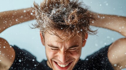 Close-up of a person shaking their head, causing dandruff flakes to fall from their hair onto a plain background