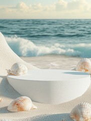 high quality image of A white podium on a sandy beach with seashells and the ocean in the background high detail 8k