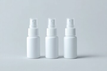 Three identical small white plastic spray bottles with clear tops stand in a row against a light gray background