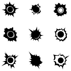 Set of black and white vector icons of bullet holes, shot marks, or explosions isolated on white background.