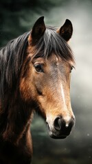 Obraz premium Majestic brown horse calmly stands against a misty forest background during early morning light