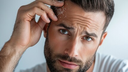 A close-up portrait of a worried-looking man closely inspecting his hairbrush, concerned about potential hair loss or thinning
