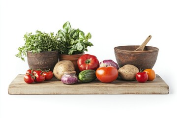Vegetables with Rustic Kitchenware Isolated on White Background, Depth of Field