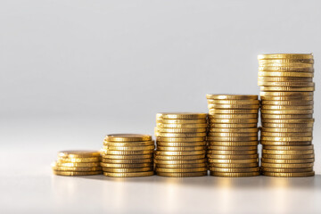 Financial prosperity concept with golden coins stacked like steps, depicting rising income on white background