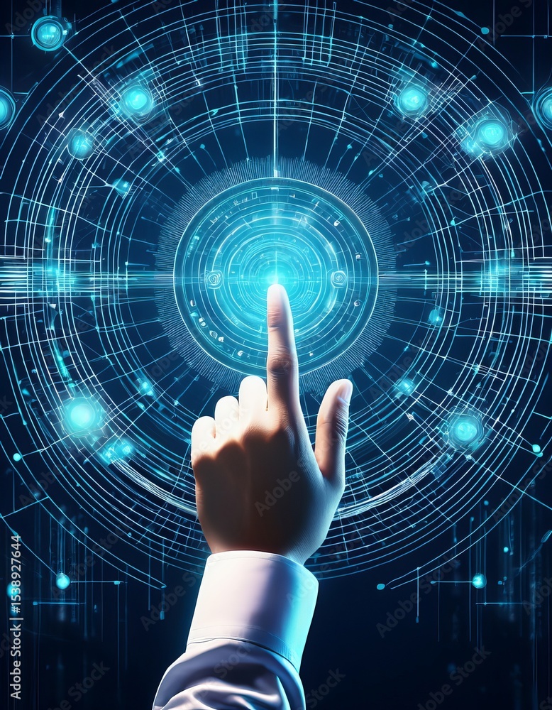 Poster hand touching digital interface futuristic technology concept with glowing circle and circuitry, per