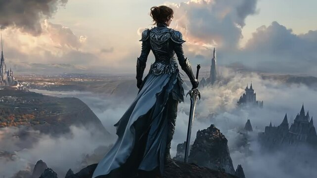 Female warrior with planted sword standing on mountain peak, gazing at fantasy kingdom gleaming under sunset light, surrounded by swirling dramatic clouds