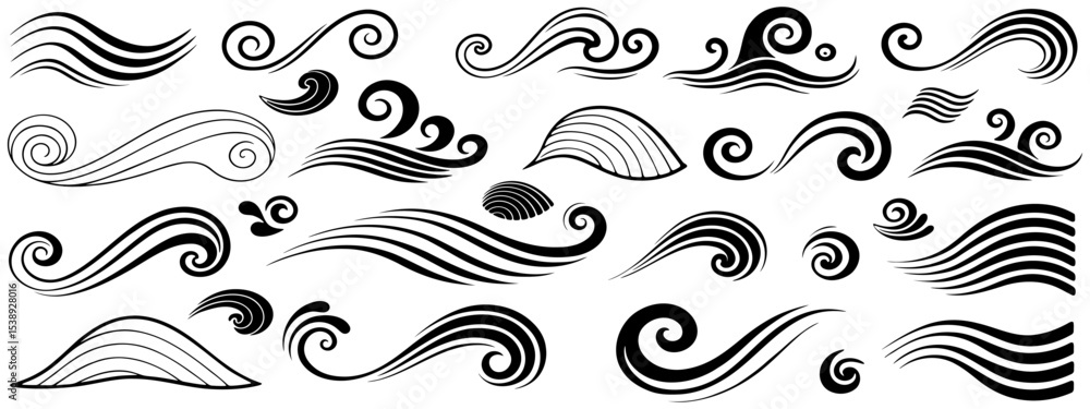 Poster black wavy lines and swirls. black abstract wave-like elements isolated on white background. vector 