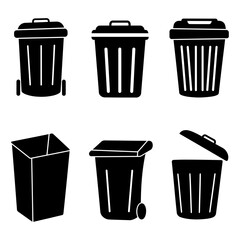 Black trash can icons. Black silhouettes of garbage bins isolated on white background. Vector illustration.