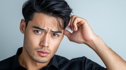 Close-up portrait of a young man with a concerned expression, brushing off dandruff from his dark hair against a plain white background.