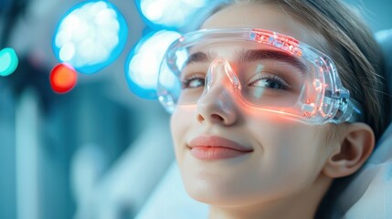 Patient seated in a medical clinic, undergoing an advanced laser hair regrowth treatment procedure to promote hair growth and rejuvenation.