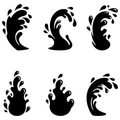 Water splash icons set. Black silhouettes of various water splash shapes with droplets, arranged on a white background. Vector illustration.