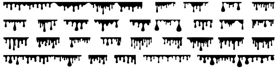 Black paint drips. Black flowing drops and streaks isolated on white background. Vector illustration