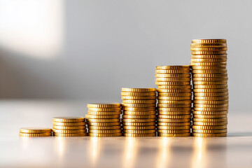 Rising stack of shiny coins forming financial ladder on white surface, perfect for stock market success visuals
