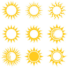 Yellow sun icons. Colored sun icons isolated on white background. Vector illustration.