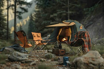 Hipster Camping Set to Resting and Relaxing on the Holiday and Slow Life