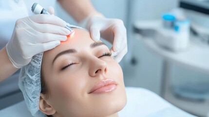 Aesthetic specialist using advanced laser technology to provide professional hair treatment services in a modern medical clinic