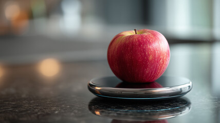 Smart kitchen scale with red apple in modern high-tech setting symbolizing wellness and digital health trends