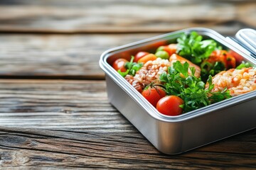 High Resolution Visual of Open Lunch Box on Wooden Table