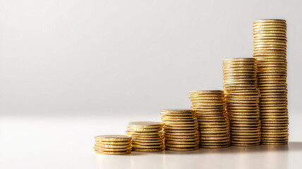 Step-shaped coin stacks in gold signifying increase in savings, investments, and economic achievement on white