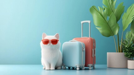 A cheerful, energetic pet enjoying an adventurous journey, with sunglasses and luggage in tow, set against a bright, colorful backdrop.