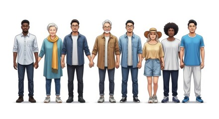 Fototapeta premium Diverse group of people standing together holding hands in a line on a white background image art