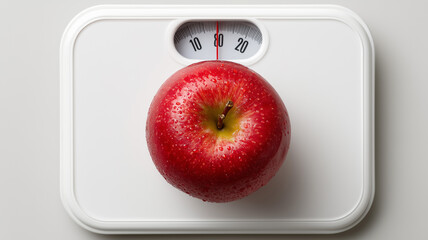 Top-down red apple on kitchen scale isolated on white, perfect for clean meal prep and healthy lifestyle visuals