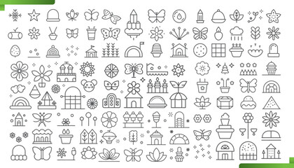 Nature-Inspired Line Art Icons Featuring Flowers, Plants, Insects, and Buildings
