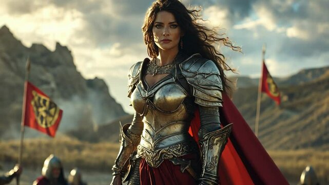 Female warrior queen wearing ornate armor and red cape standing confidently on rugged mountain battlefield, long dark hair flowing, embodying strength and leadership