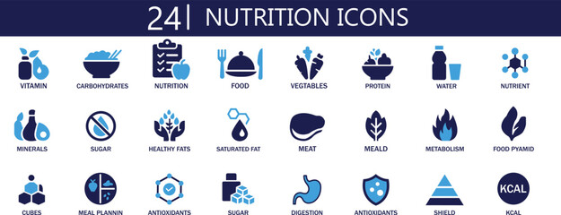 24 Nutrition Icons Set – Two Color Flat Vector for Healthy Food, Diet & Wellness. The icons are ideal for use in infographics, health apps, food packaging, education materials, and wellness platforms.