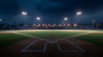 Outdoor Baseball Stadium with Illuminated Field .