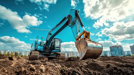 Excavator works site, sunny day
