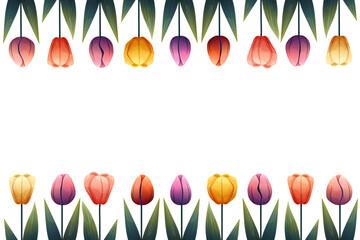 Floral frame with colorful tulips. Vector frame with yellow, red, pink, orange and purple tulips and green leaves on a white background. Perfect for spring design, invitations, packaging