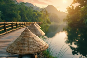 Clear Pixel Visual of Woven Hats to Travel in the Asian Landscape