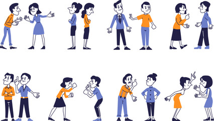 Various Emotional Reactions Between People. Vector Set of Cartoon Characters in Conflict, Disagreement, or Debate Situations