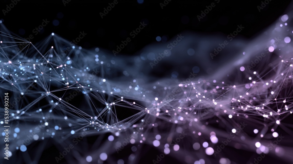 Poster a series of purple and blue dots are connected to each other in a web-like pattern. concept of compl