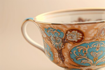 High Quality Visual of a Teacup with a Blue and Brown Design on it